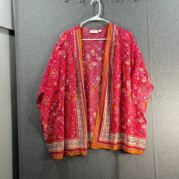Belle by Kim Gravel Border Print Woven Cardigan Lipstick Pink Small - Picture 1 of 9